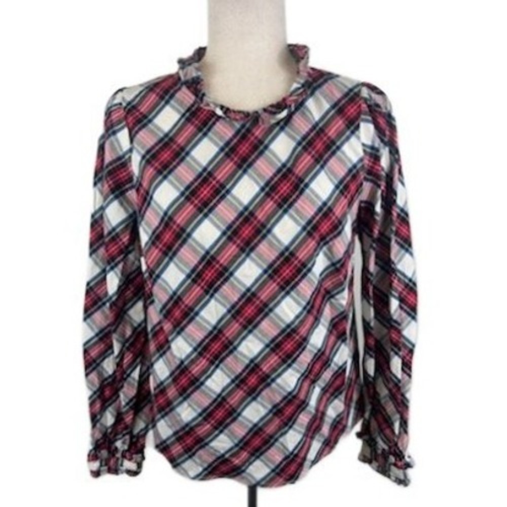 J. Crew Women's Top Plaid Tartan Ruffle Neck Long Sleeve Blouse Size Small